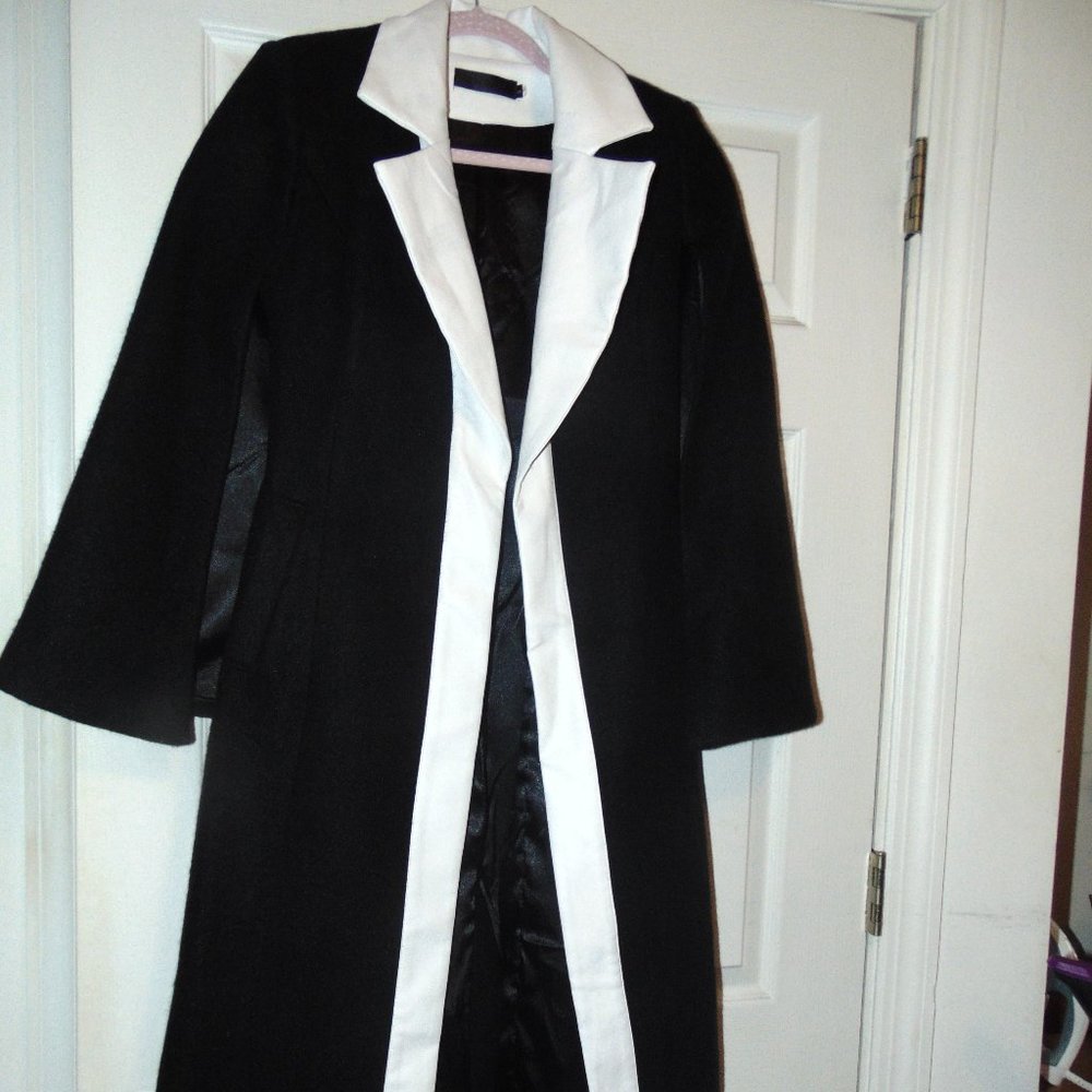 black wool and leather trim cape coat